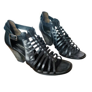 Paul Green Christy Black Leather Caged Huarache Strappy Heel Sandals Size 5.5